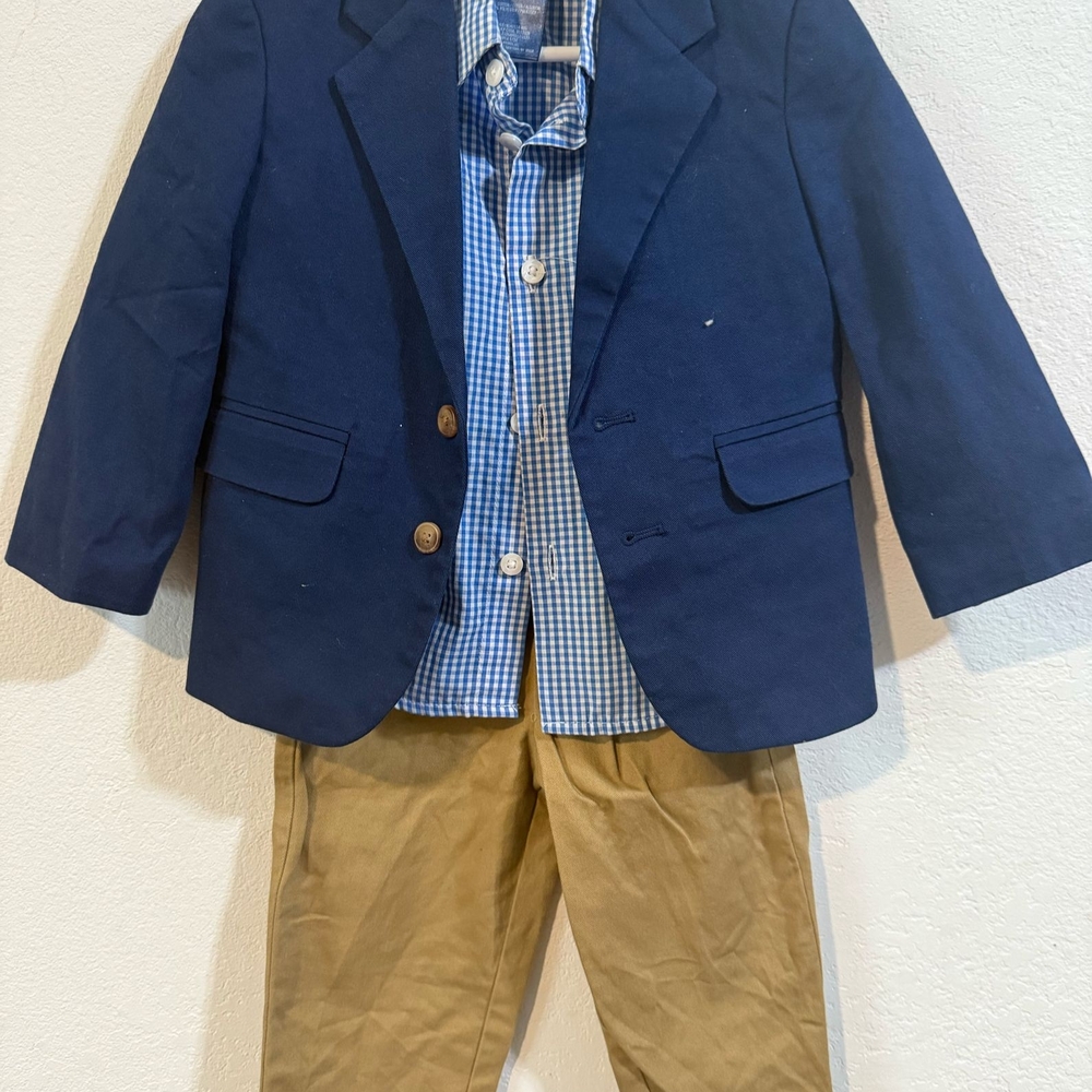 Kids Navy Blazer with Blue Checkered Shirt and Tan Pants